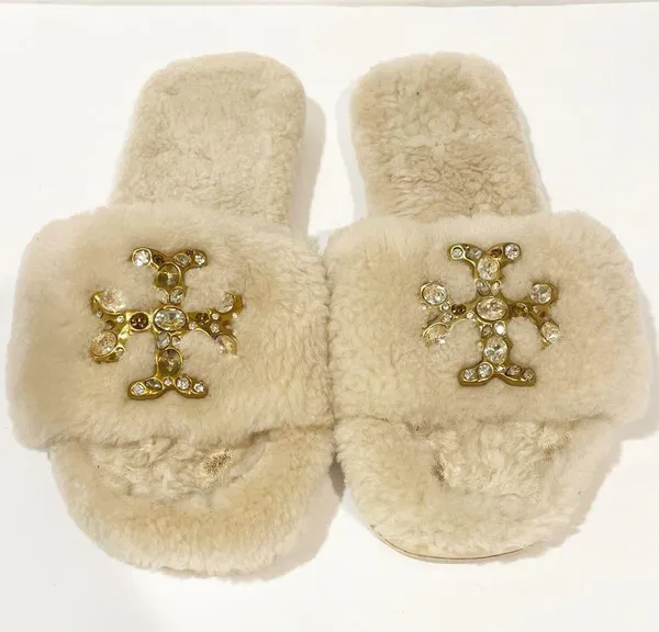 Tory Burch Ivory Jeweled Shearling Slippers Size 6.5 Hard Sole Slip On - Image 3