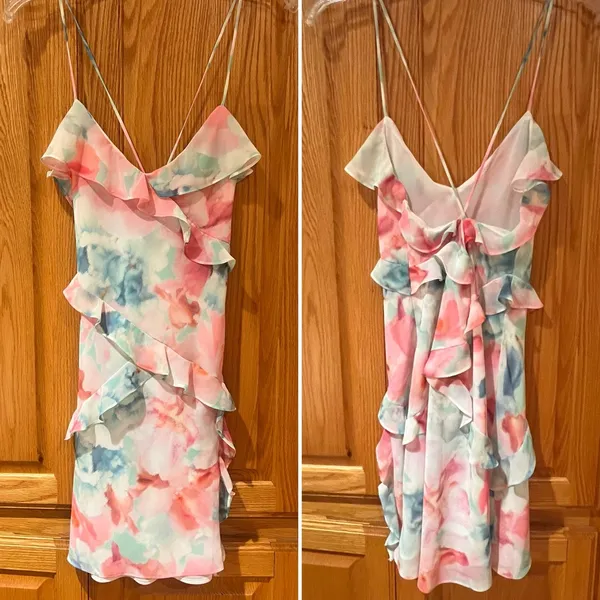 ZARA Watercolor Floral Printed Ruffle‎ Lined Mini Dress Pink Blue Green Sz Small - Image 12