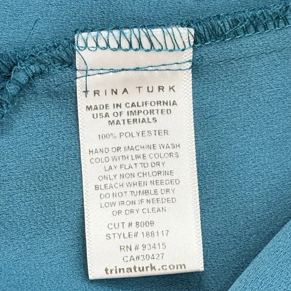 Trina Turk Blouse Women SM Teal Blue Split Neck Gold Button‎ Cuff Crepe Tunic - Image 8