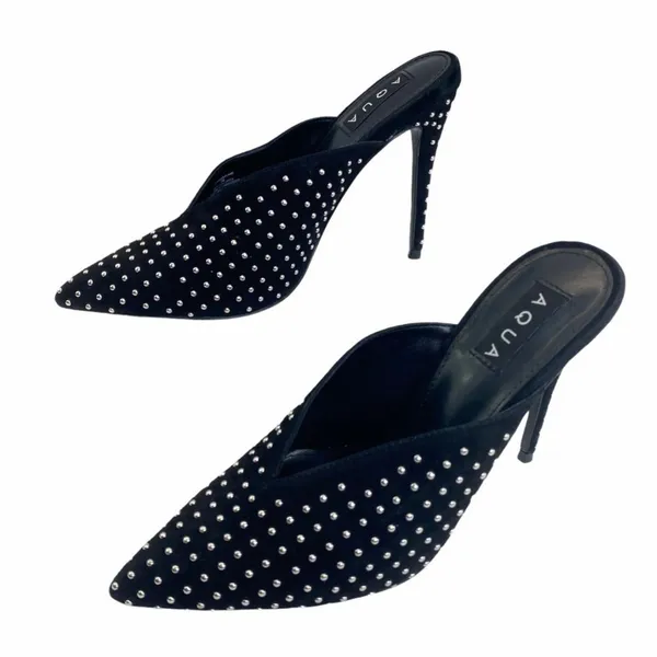 AQUA Studded Suede Mule Heels Black Pointed Toe Stiletto Pumps Womens Size 7 7M‎ - Image 6