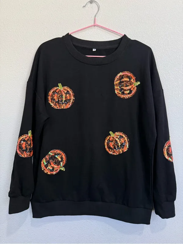 Black Sequin Pumpkin Halloween Sweatshirt Oversized Cozy Fall Medium NWOT - Image 2