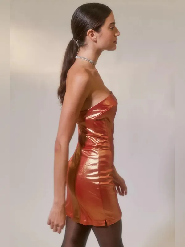 Urban Outfitters Kristy Disco Metallic Mini Dress Strapless Orange Shiny Small - Image 3