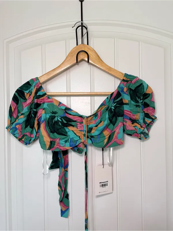 Hello Molly XS Multicolor Off The Shoulder Puff Sleeves Crop Top Tropical Print - Image 3