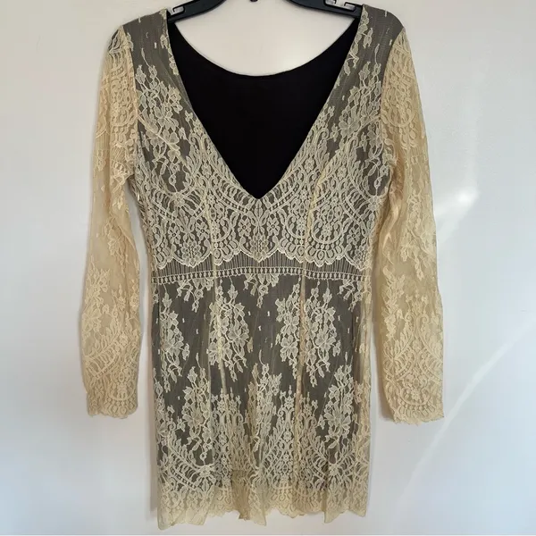 Women's Free People Boho Indie Lace Ivory Dress With Black Lining Size Small‎ - Image 10