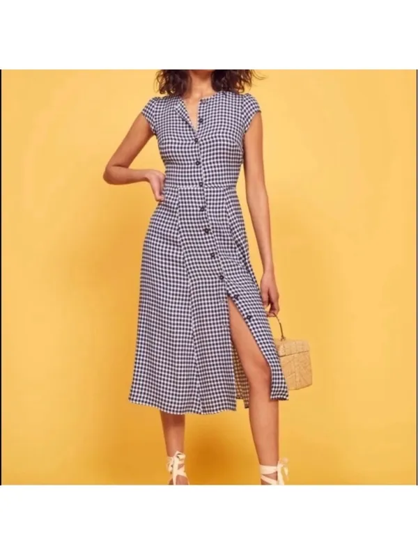 Reformation Fauna Blue Plaid Gingham Button Front Midi Dress Size 0 - Image 3