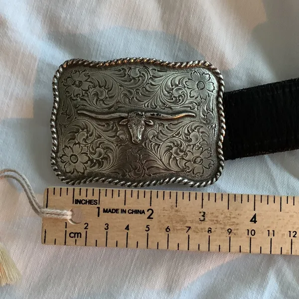 POLISHED & ETCHED DESIGN STAINLESS STEEL BUCKLE & LEATHER BELT.Sz: L - Image 6
