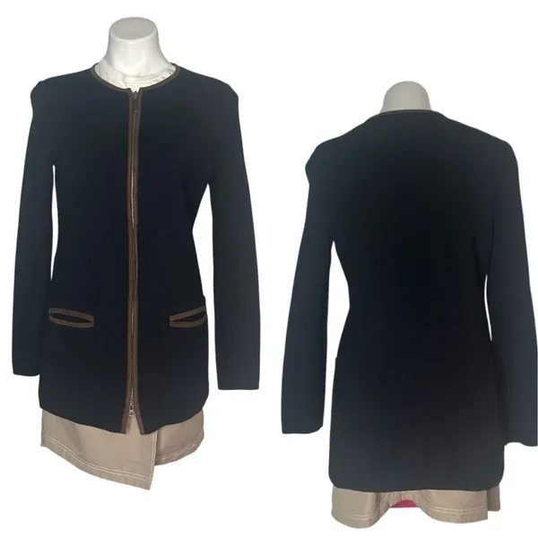 LAUREN RALPH LAUREN Black Cotton Knit Jacket Brown Faux Suede Trim Size Medium - Image 10
