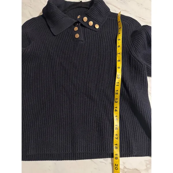 Mango MNG Navy Blue Ribbed Knit Polo Sweater Gold Buttons Size S Coastal Preppy - Image 3