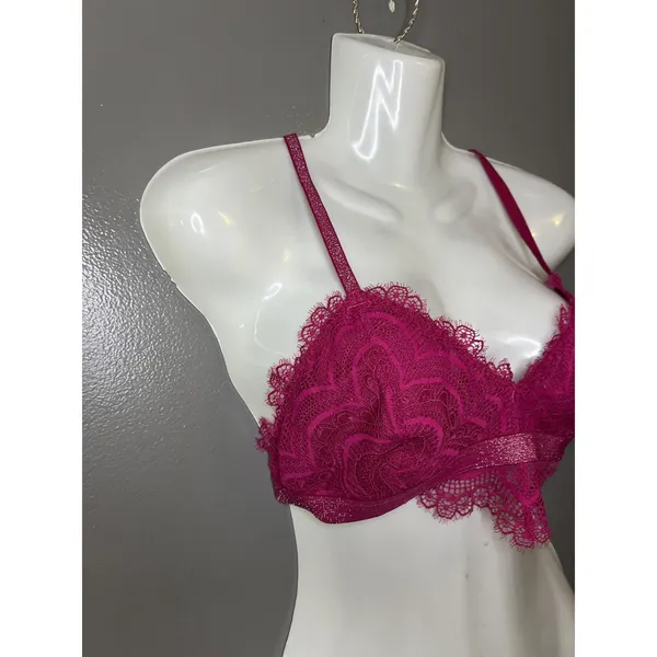 Free People Bralette Bra Womens M Pink Lace Sheer Mesh V Neck Strappy Wireless - Image 2