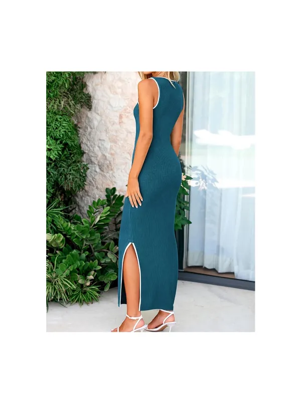 Sleeveless Teal Bodycon Maxi Dress with Side Slit - Image 3