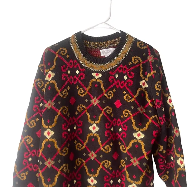 Lands' End Women's Medium Chunky Knit Black‎ Geometric Pattern Crew Neck Sweater - Image 2