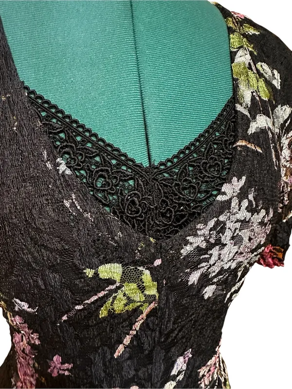 Olivia Floral Black Lace Slip Midi Dress Size M 90s Vintage - Image 4