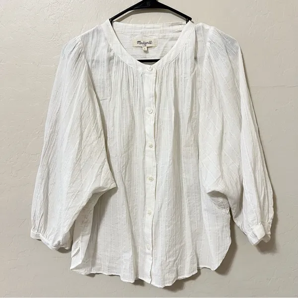 Madewell White Shimmer Stripe Button-Down Peasant Top - Image 2