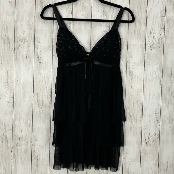 Enchanted Black Ruffle Sequin Baby Doll Lingerie Matching Thong Medium - Image 2