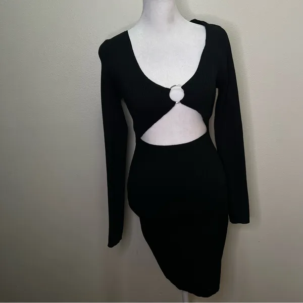 Pretty little thing black ribbed‎ knitted long sleeve Cut-Out Dress size M - Image 2