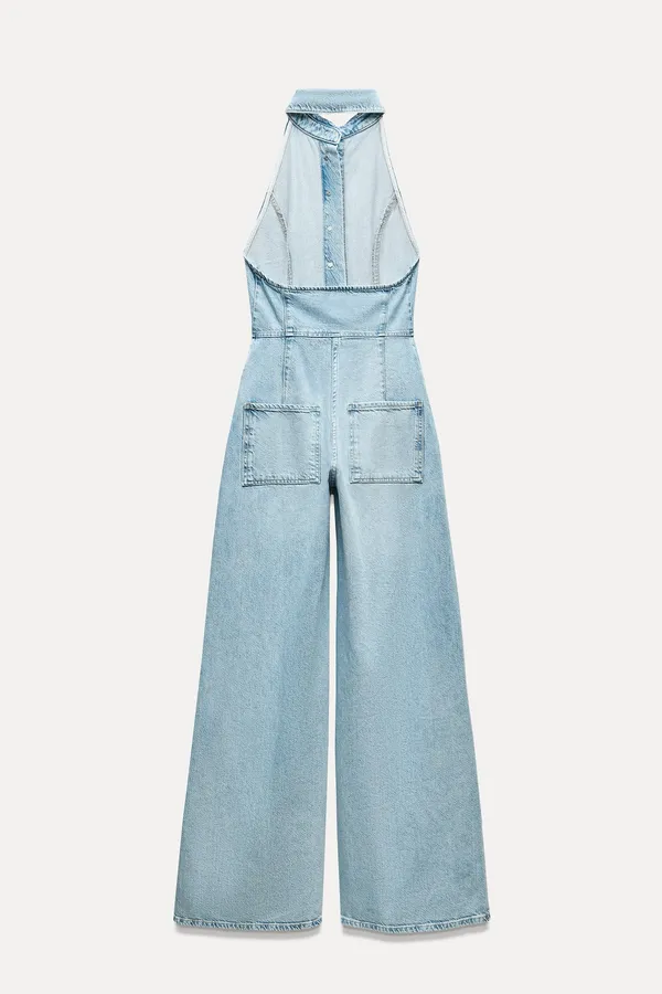 Zara jumpsuit denim halter wide leg open back bohemian casual summer - Image 7