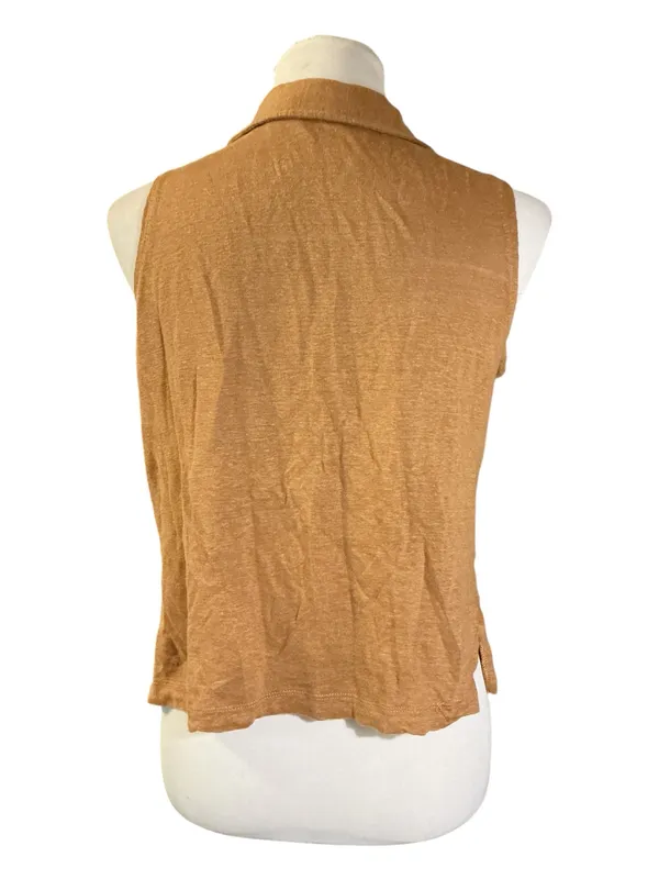 Nicole Miller New York 100% Linen Sleeveless Collared V-Neck Top - Tan / Camel (Size Small) - Image 2