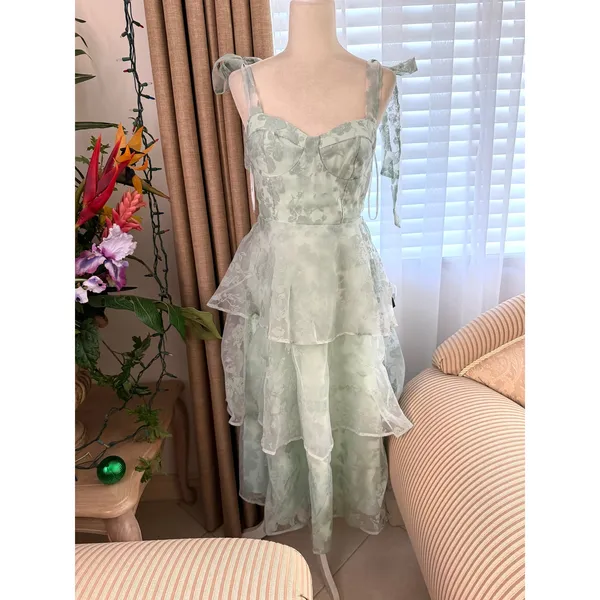 Lulus Glamorous Sweetie Tie-Strap Bustier Midi Dress in Sage Green Burnout - Image 3