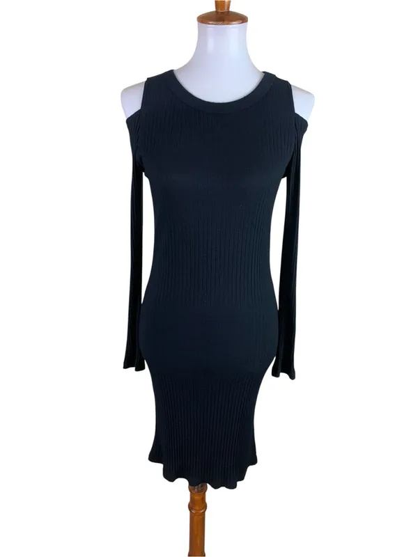 LNA‎ Black Ribbed Cold Shoulder Bodycon Midi Dress Minimalist USA Made L - Image 2
