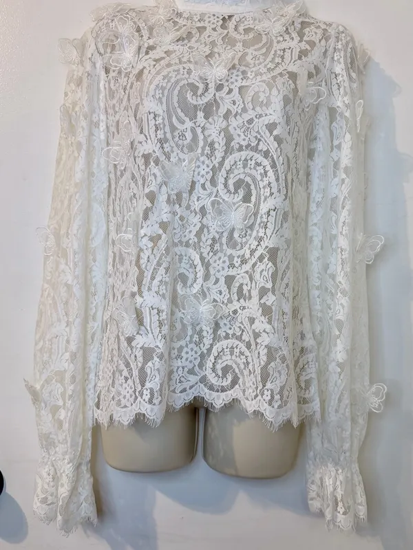 INA White Lace High Neck Blouse 3D Butterflies Size L Back Zipper - Image 8