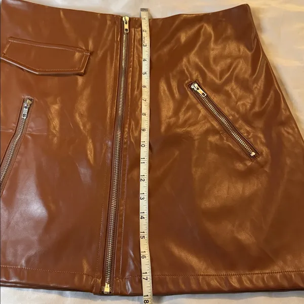 Brown Faux Leather Mini Skirt with Zipper Details - Image 6