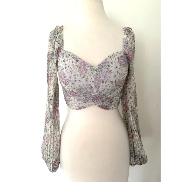 ASTR The Label Bonnie Floral Plisse Coquette Fairy Smocked Crop Blouse Top Sz XS - Image 2