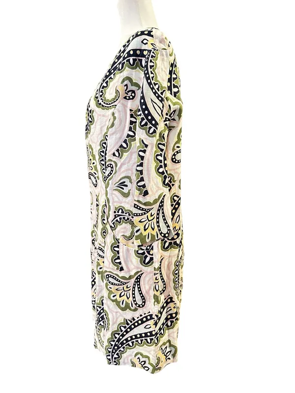 Boden Laurie Linen Paisley Print Coastal Boatneck Dress White Green Pink 8P - Image 6