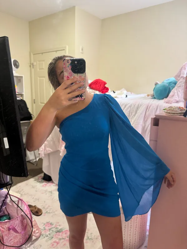 SheIn One-Shoulder Blue Cocktail Dress with Dramatic Sleeve - Image 2