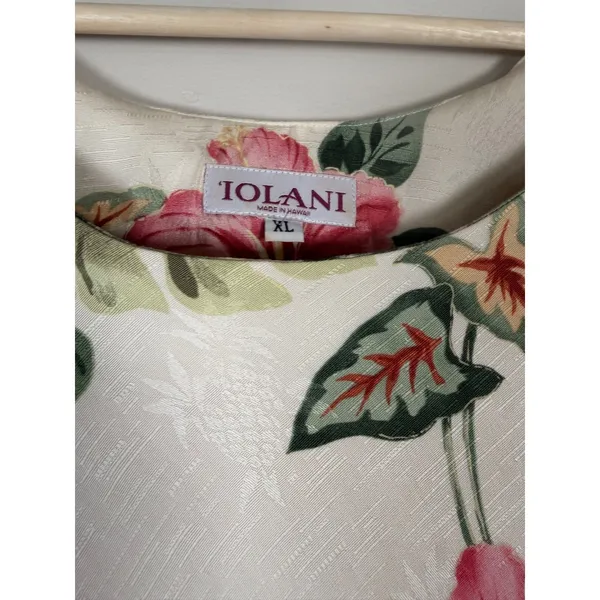 Iolani Hawaii Vintage‎ Tropical Floral Rayon Jacquard Midi Dress XL Cream Pink - Image 3