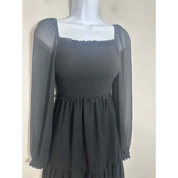 Aritzia Wilfred Black Tempest Chiffon Smocked Mini Dress Sheer Sleeve Size XS - Image 6