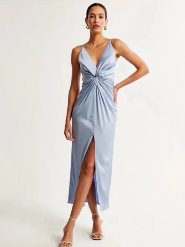 Abercrombie & Fitch Draped Twist-Front Maxi Dress Satin Blue size small Formal - Image 2