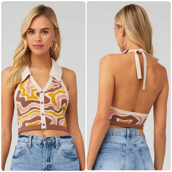THE KRIPT Womens Swoosh Knit Retro 70s Swirl Halter Boho Festival Top Size XS/S‎ - Image 2