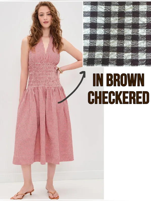 Wayf Brown and White Checkered Halter Midi Dress - Image 2