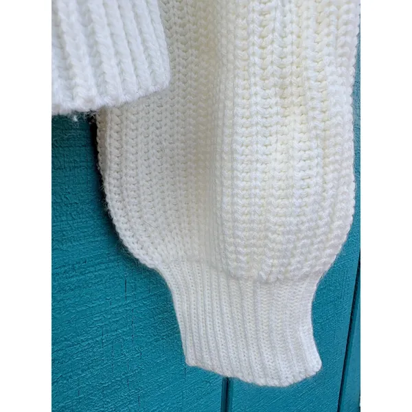 Scallop Ruffle V-Neck Peplum Ribbed Knit Sweater Balloon Sleeve Drawstring Waist - Image 5