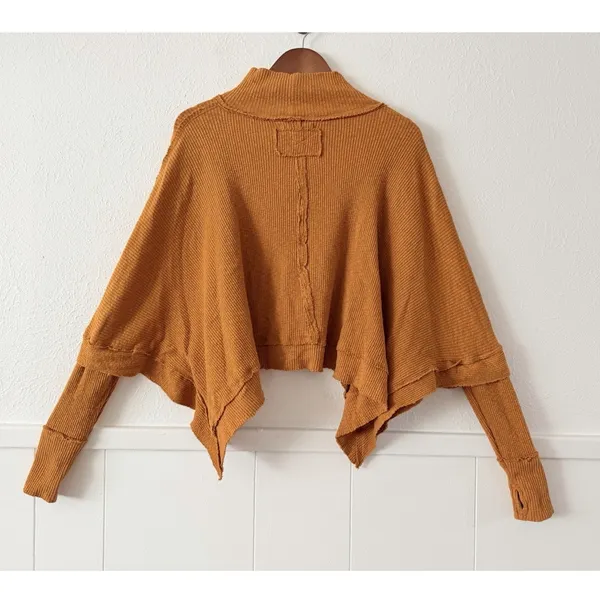 We The Free Free People Waffle Knit Poncho Top S Mock Neck Thumb Hole Rust - Image 4