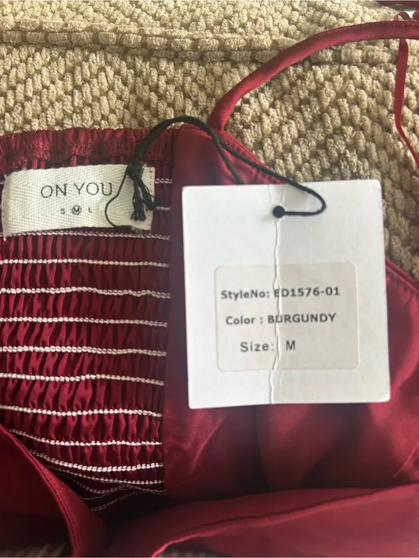 On You Burgundy Satin Slip Midi Dress M Smocked Back Spaghetti Straps - Image 2