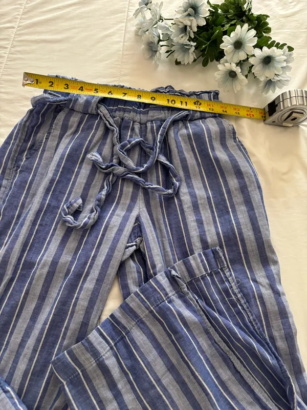 Pull-On Wide Leg Minimalist ResortWear Striped Blue White 100% Cotton Pants Sz S - Image 3