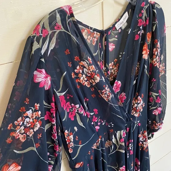 Calvin Klein Navy Blue Floral Chiffon High Low‎ Maxi Dress 4 NWT Wedding Guest - Image 3