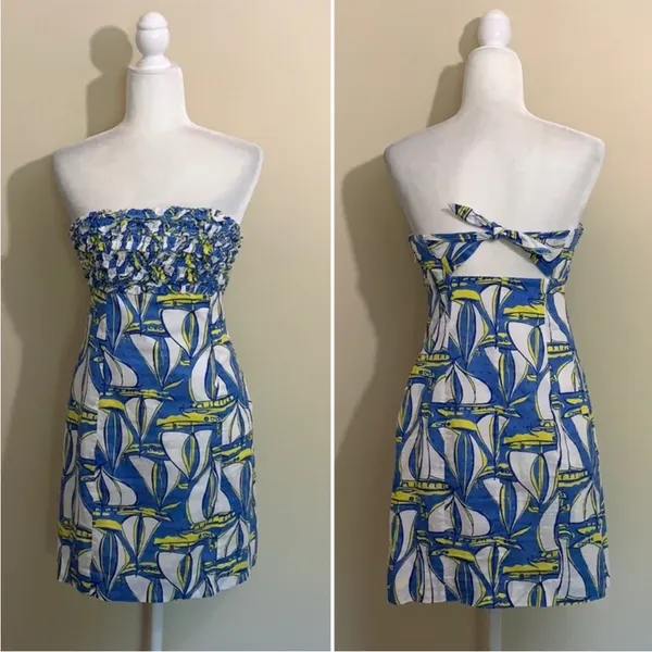 Lilly Pulitzer Blue White Sailboat‎ Strapless Dress - Image 2