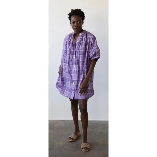 Never A Wallflower Elastic Sleeve Dress Blue Plaid Printed Cotton - Image 8