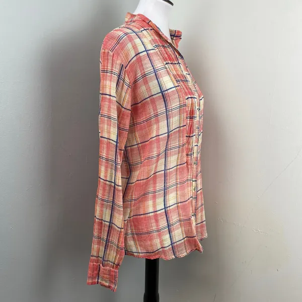Free People One Pink Plaid Button Up Shirt Small - Image 3