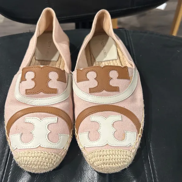 Tory Burch Blush Pink Canvas Espadrilles with Tan & Cream Logo - Image 3
