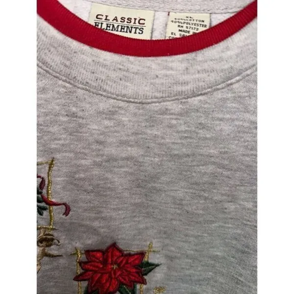 Vintage Classic Elements Gray‎ Holiday Sweatshirt with Poinsettia Embroidery XL - Image 3