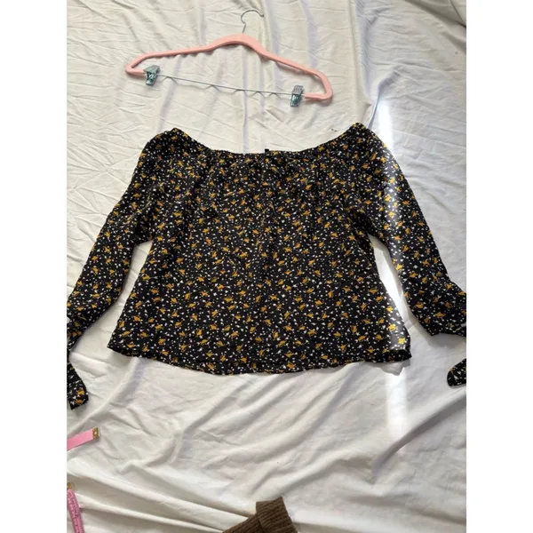 Madewell XXS Floral Puff Sleeve Blouse Mustard Print Tie Cuff Boho Romantic - Image 9