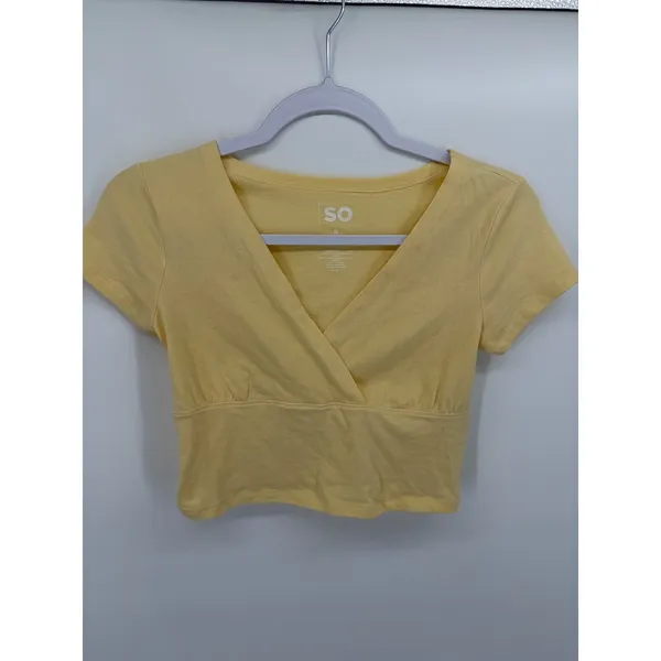 SO Pale Yellow Surplice V Neck Crop Top Y2K Coquette Pastel Small - Image 3