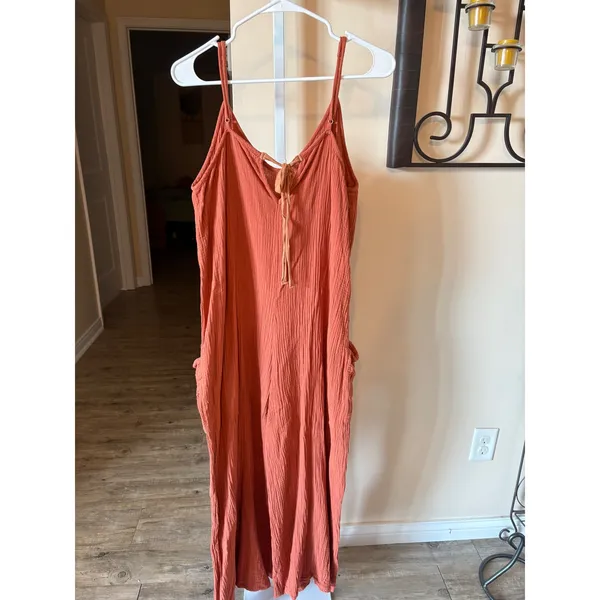 Easel Terracotta Rust Gauze Wide Leg Jumpsuit Adjustable Straps Pockets Medium - Image 9