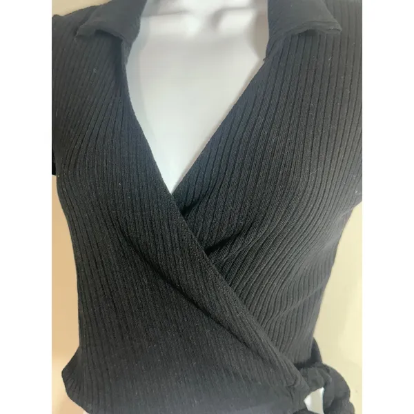 Reformation Sidra Knit Top Black Ribbed Wrap‎ Cropped Short Sleeve Small S USA - Image 3