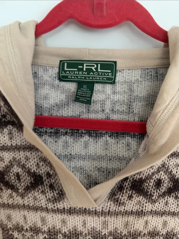 Ralph Lauren Brown & Beige V-Neck Hooded Patterned Sweater - Image 2