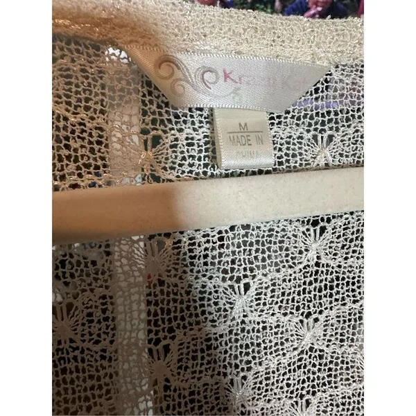 Krazy Kat Ivory Cream Open Knit Long Sleeve Button Front Lace‎ hem Top - Image 3