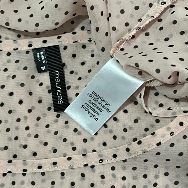 Maurices (M) Peach Polka Dot Lace Fringe Detail Roll Tab Semi-Sheer Blouse - Image 4